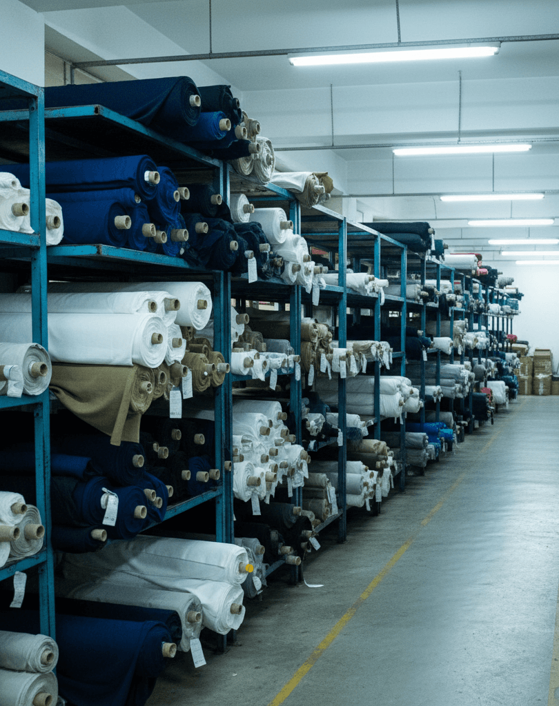 Raw material and fabric storage at the KBwear factory in Lahore
