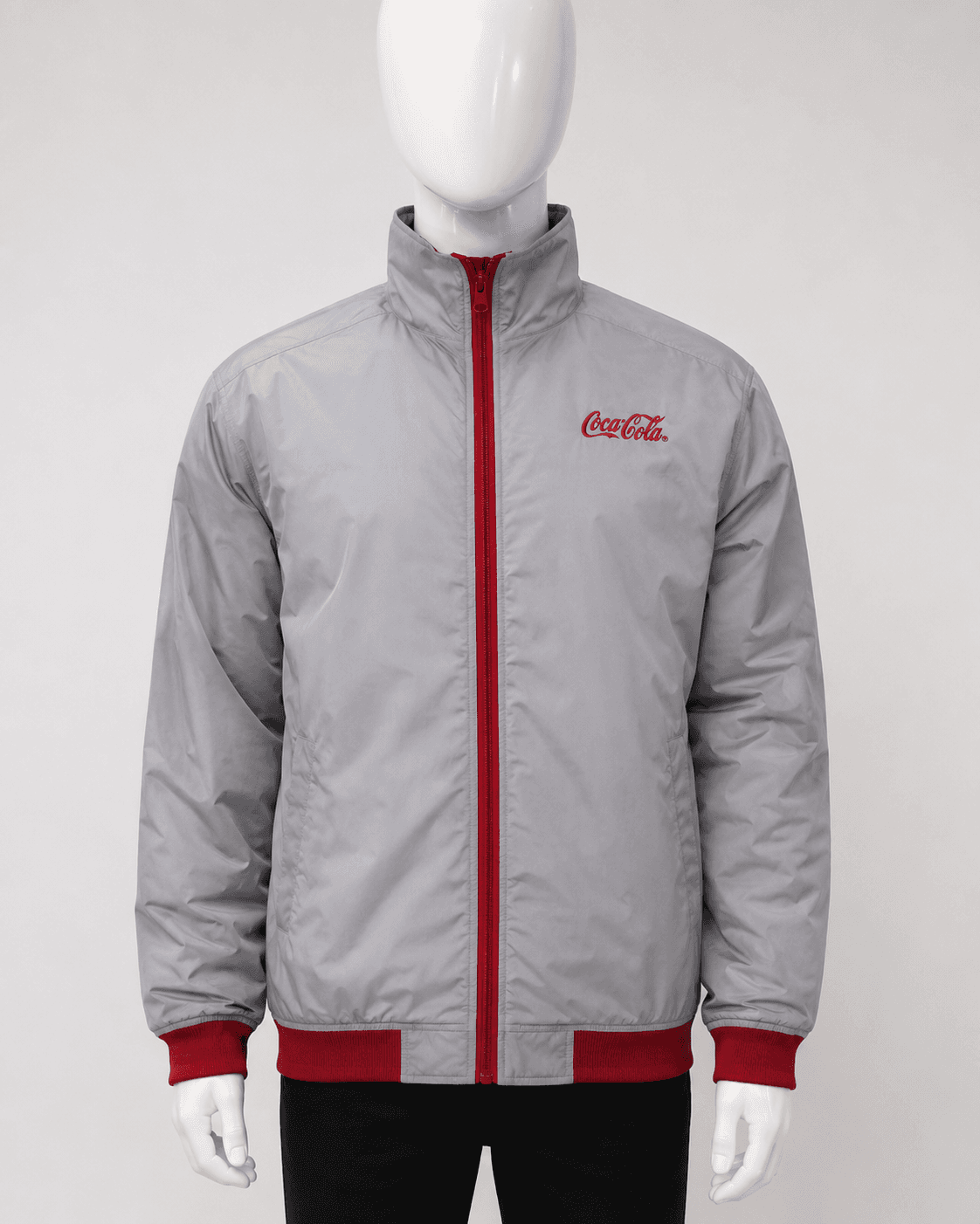 Coca-Cola grey bomber jacket with red zip and ribbed trims, embroidered logo, by KBwear