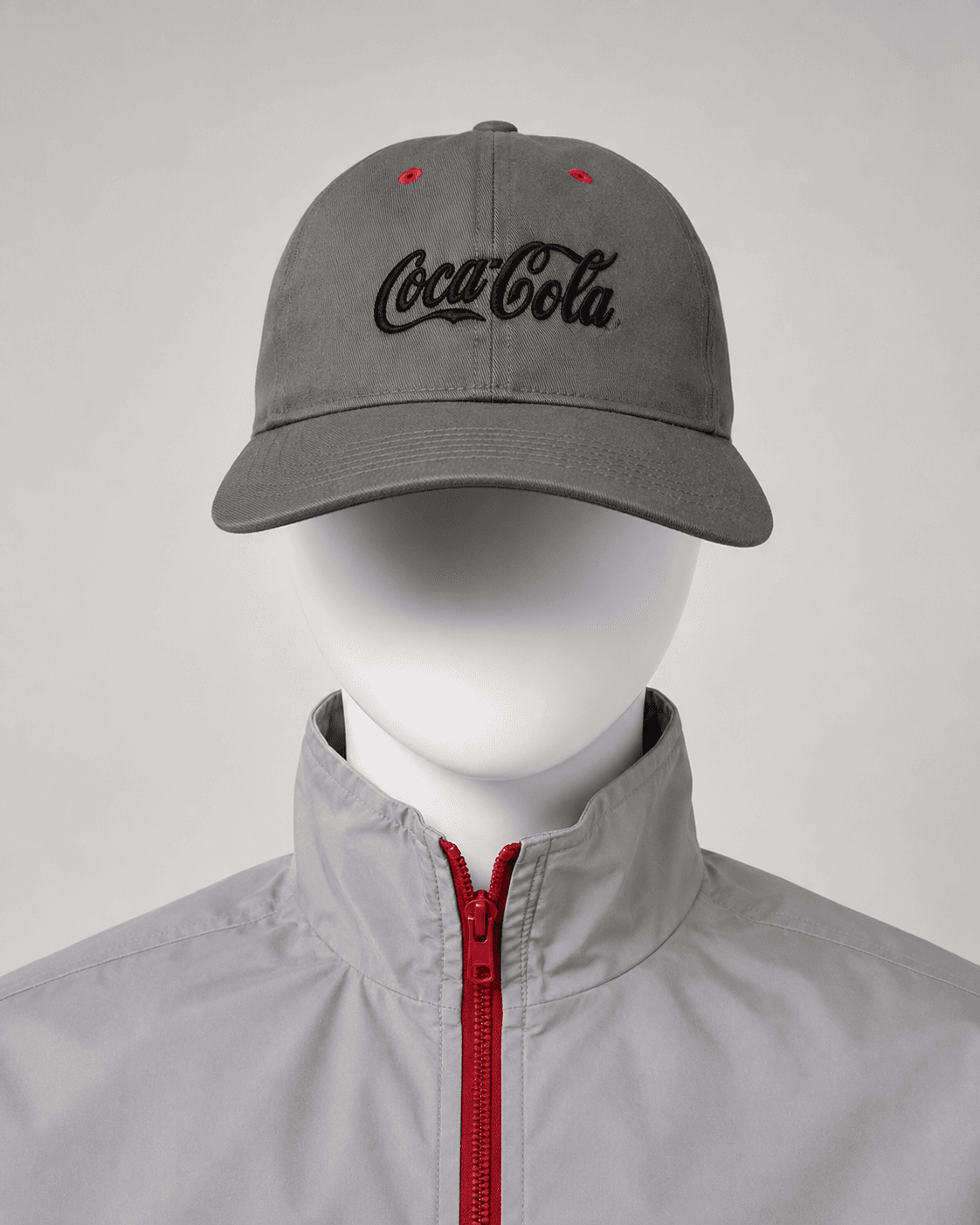 Coca-Cola grey twill cap with 3D black embroidered logo and red eyelets, by KBwear