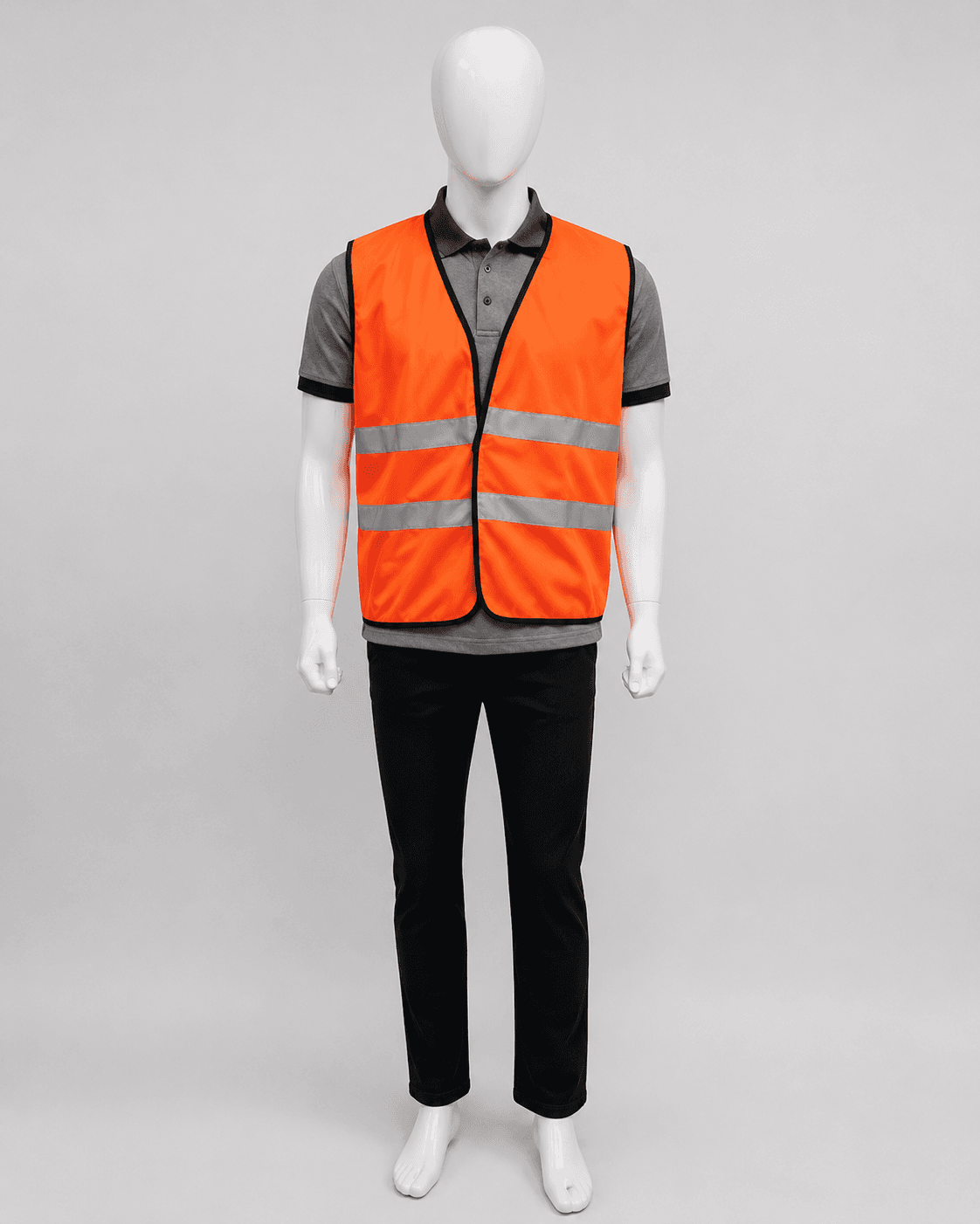 Orange high-visibility safety vest with dual reflective bands worn over grey polo, by KBwear