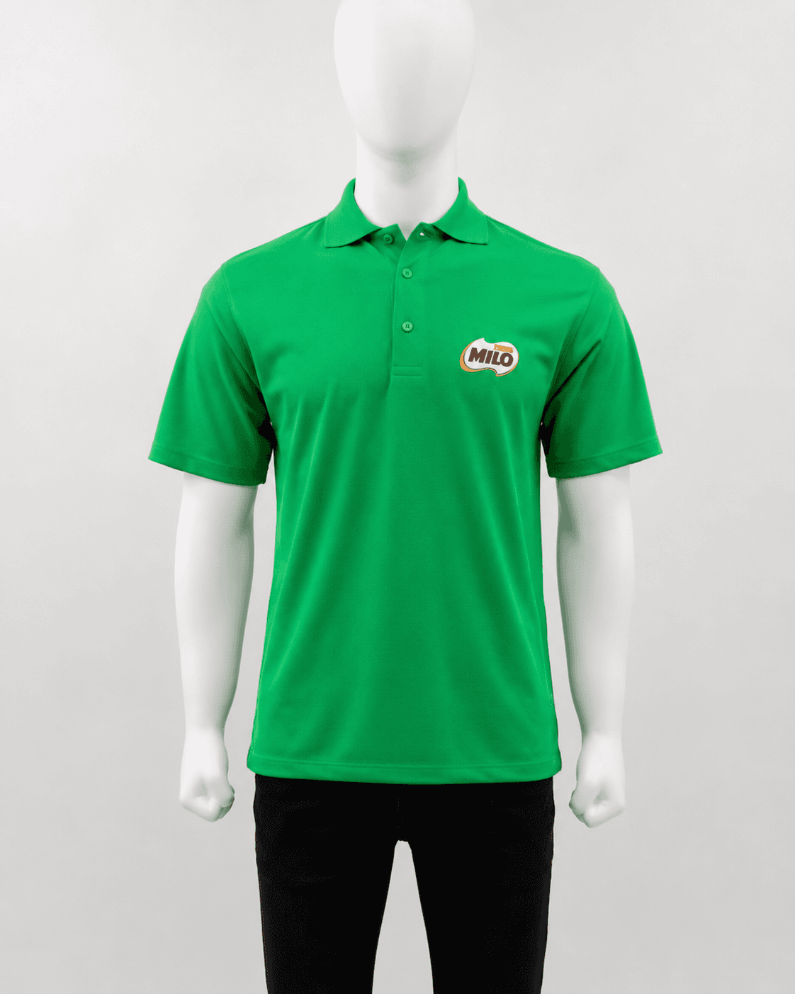 Nestlé Milo green polo shirt with embroidered Milo badge, front, by KBwear