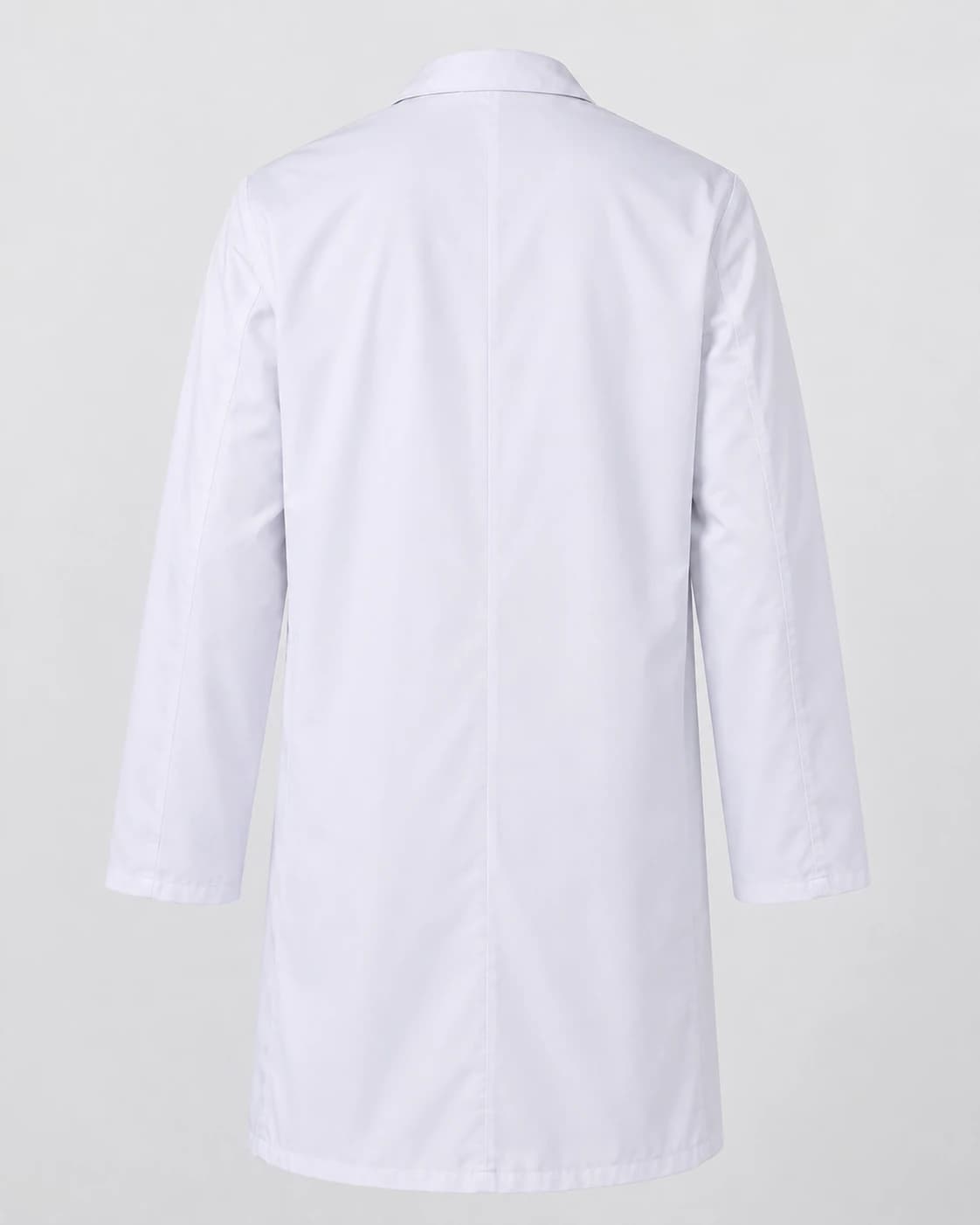 KBwear white lab coat, back view, showing the centre back seam and set-in long sleeves
