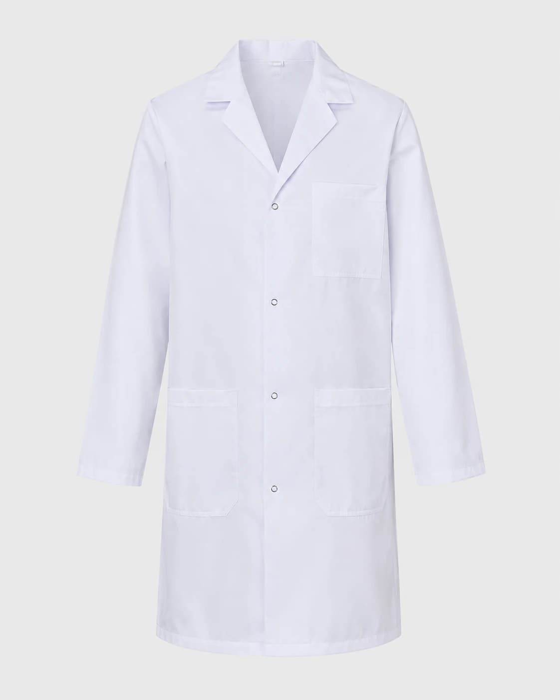 KBwear white lab coat, front view, with notched lapel collar, four press studs, chest pocket and two lower patch pockets