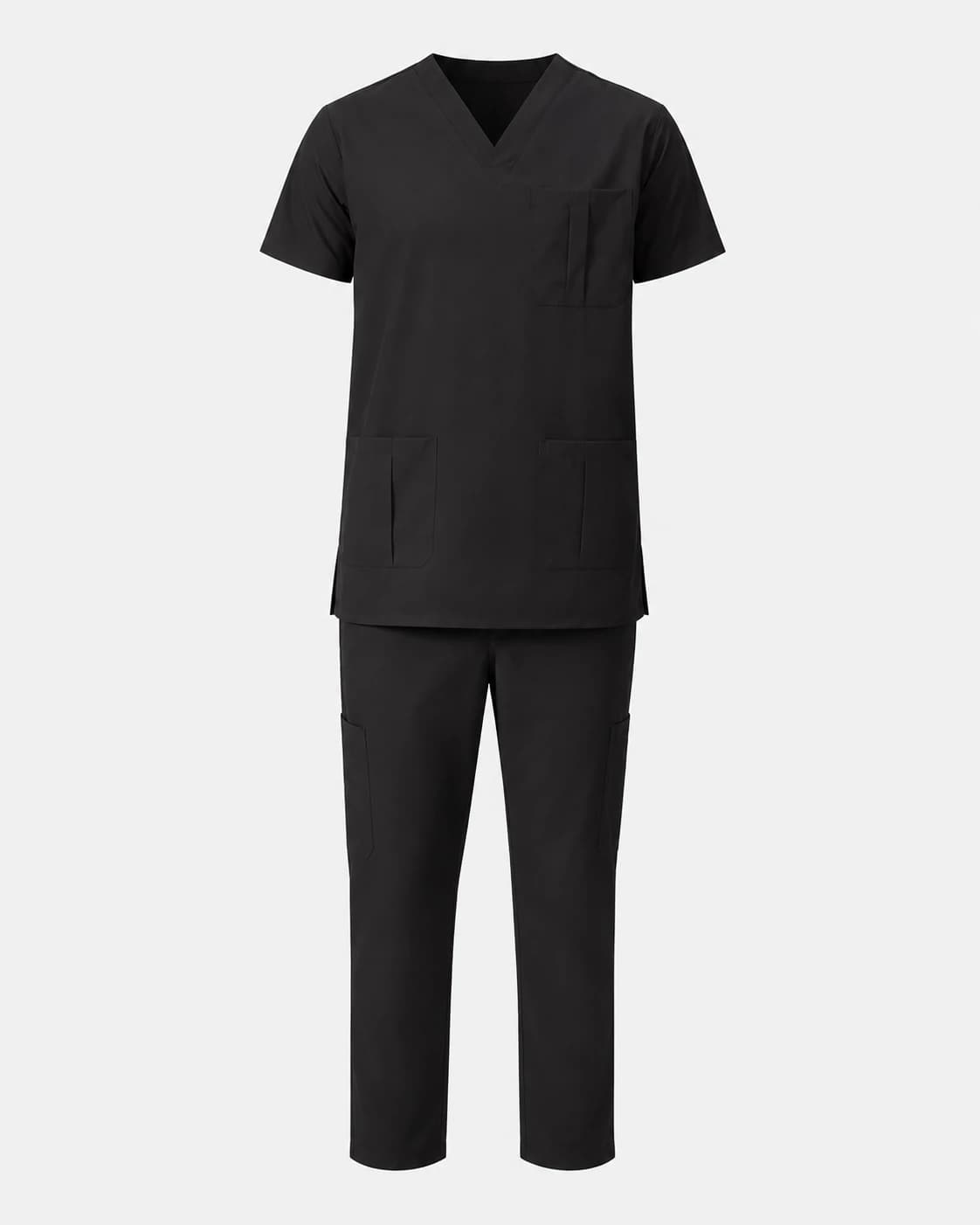 KBwear black V-neck scrub set with chest pocket, two lower patch pockets and cargo-pocket trousers