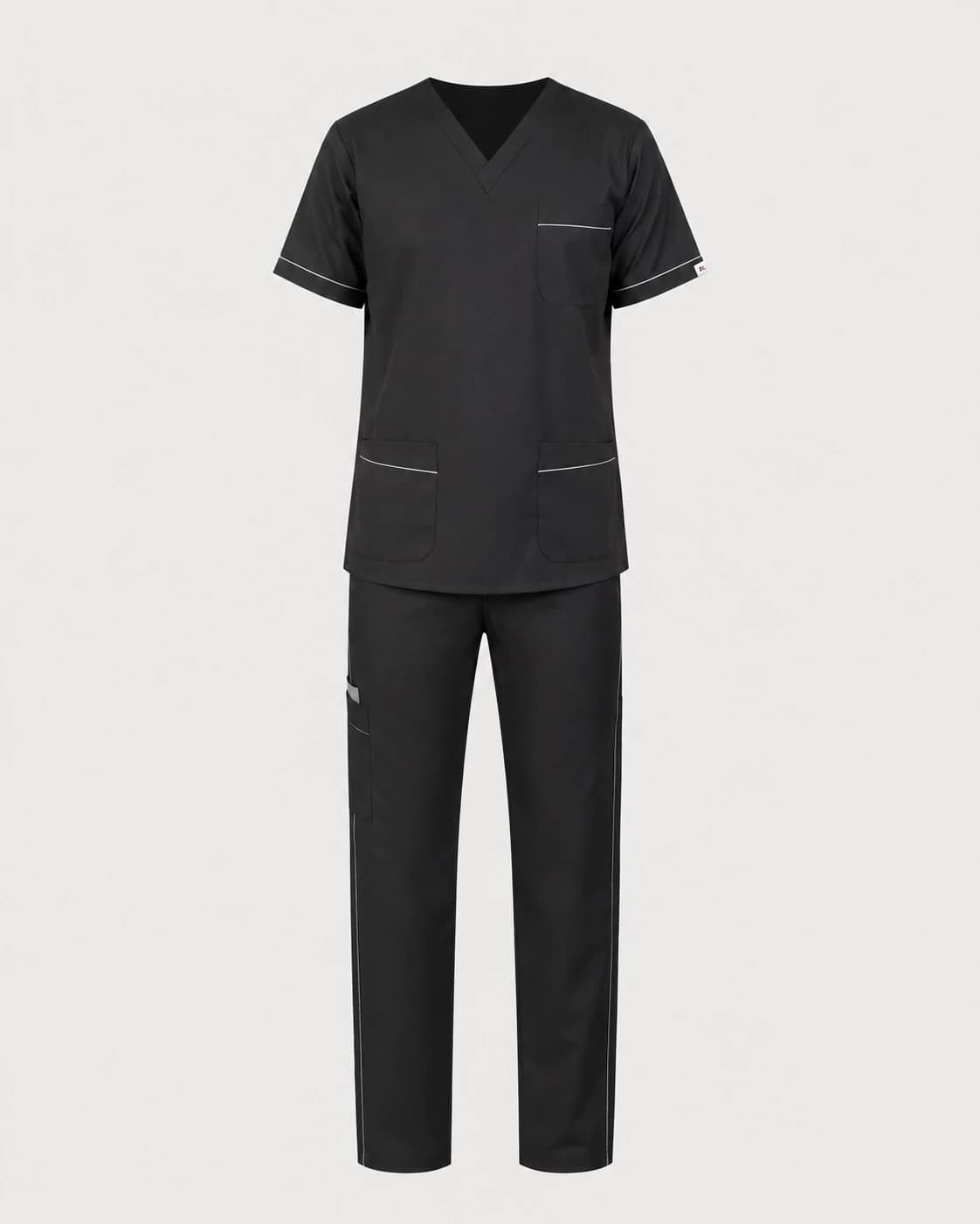 KBwear black scrub set with white piping on the pockets, cuffs and trouser side seam