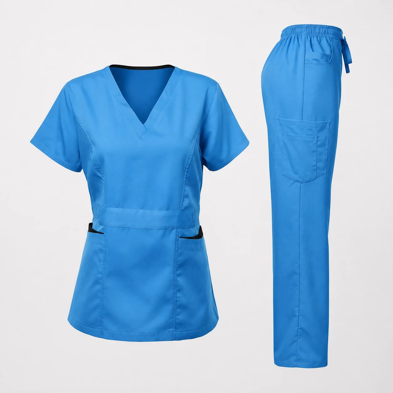 KBwear women's ceil blue scrub set with black contrast neck binding and pocket trim, with drawstring cargo trousers