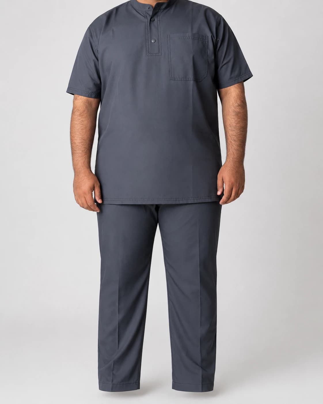 KBwear charcoal scrub set worn by a model, with mandarin collar, two-snap placket and chest pocket