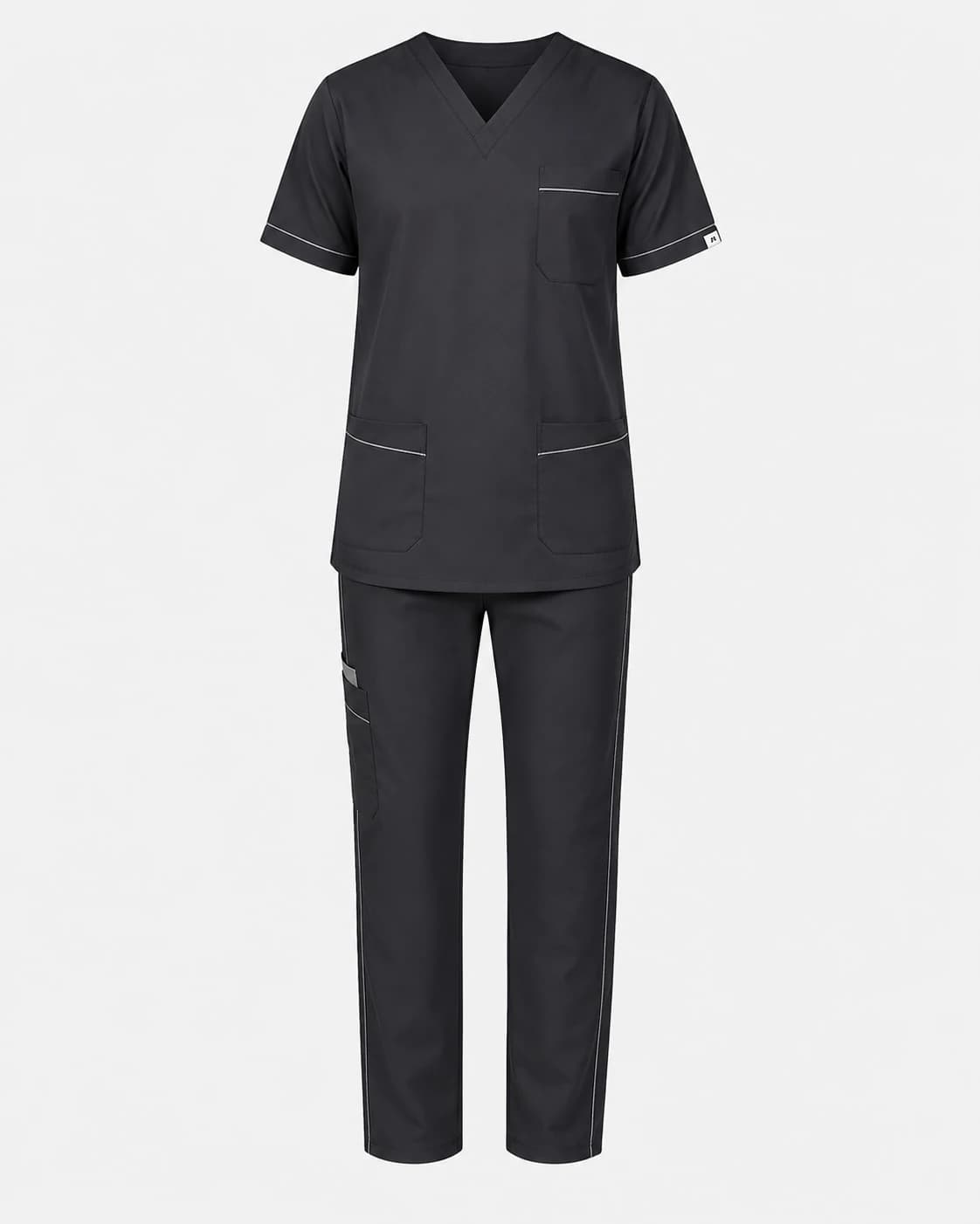 KBwear charcoal scrub set with contrast white piping on the chest pocket, sleeve cuffs and trouser seam
