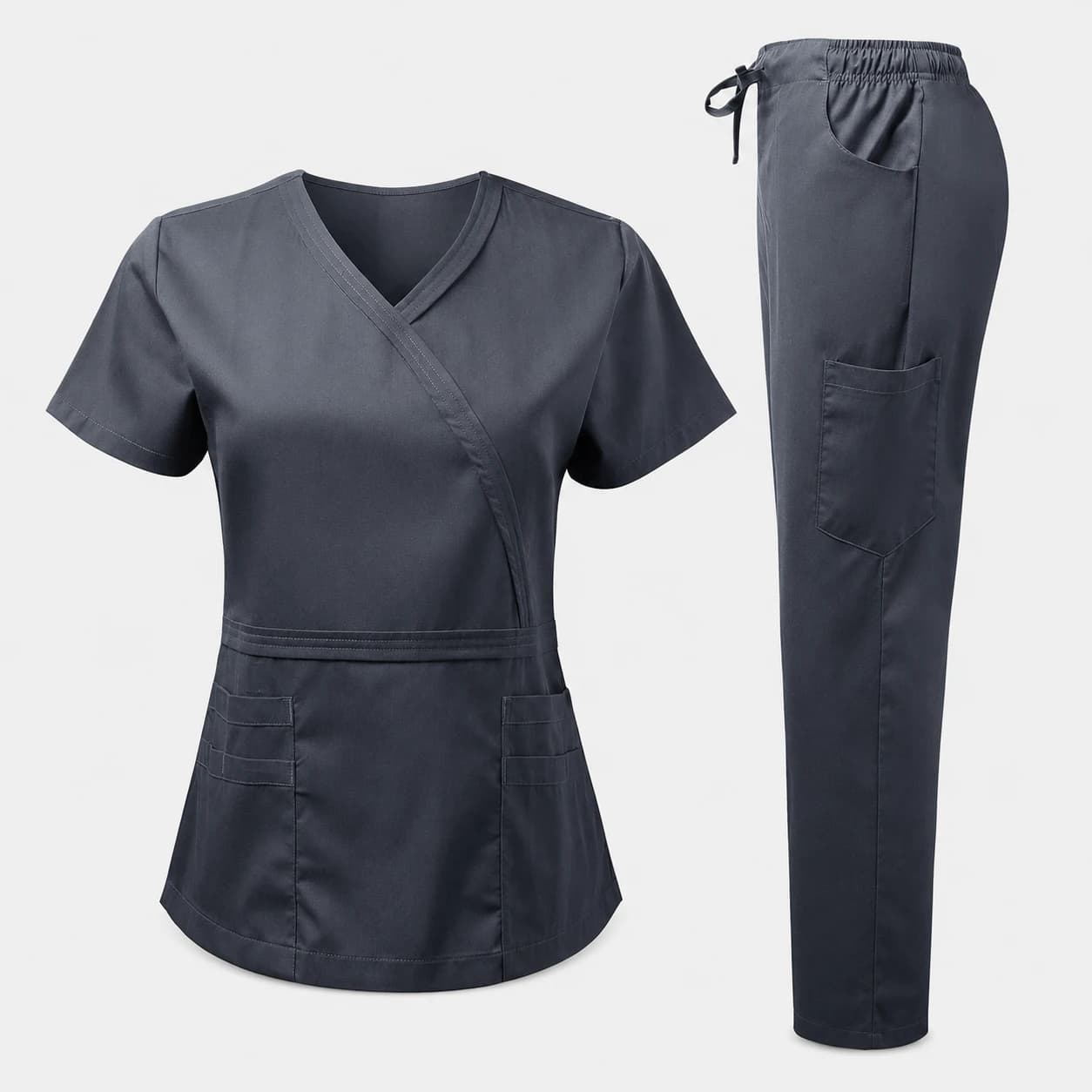KBwear women's charcoal mock-wrap scrub set with crossover V-neck, waist seam and drawstring cargo trousers