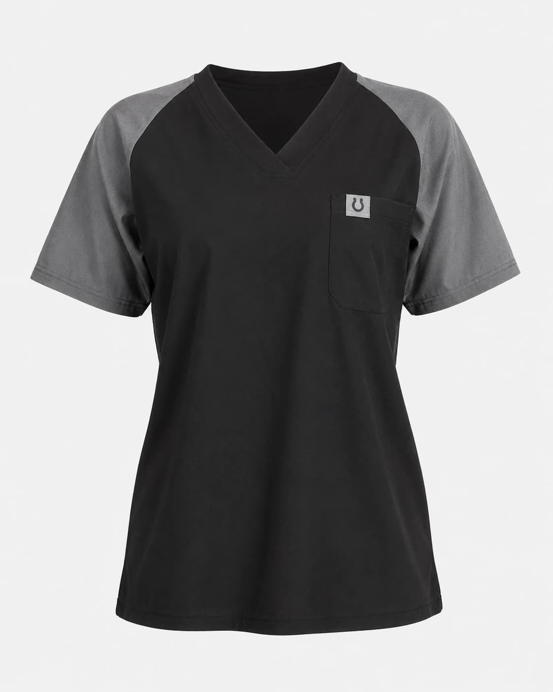 KBwear black scrub top with contrasting grey raglan sleeves and a woven label on the chest pocket