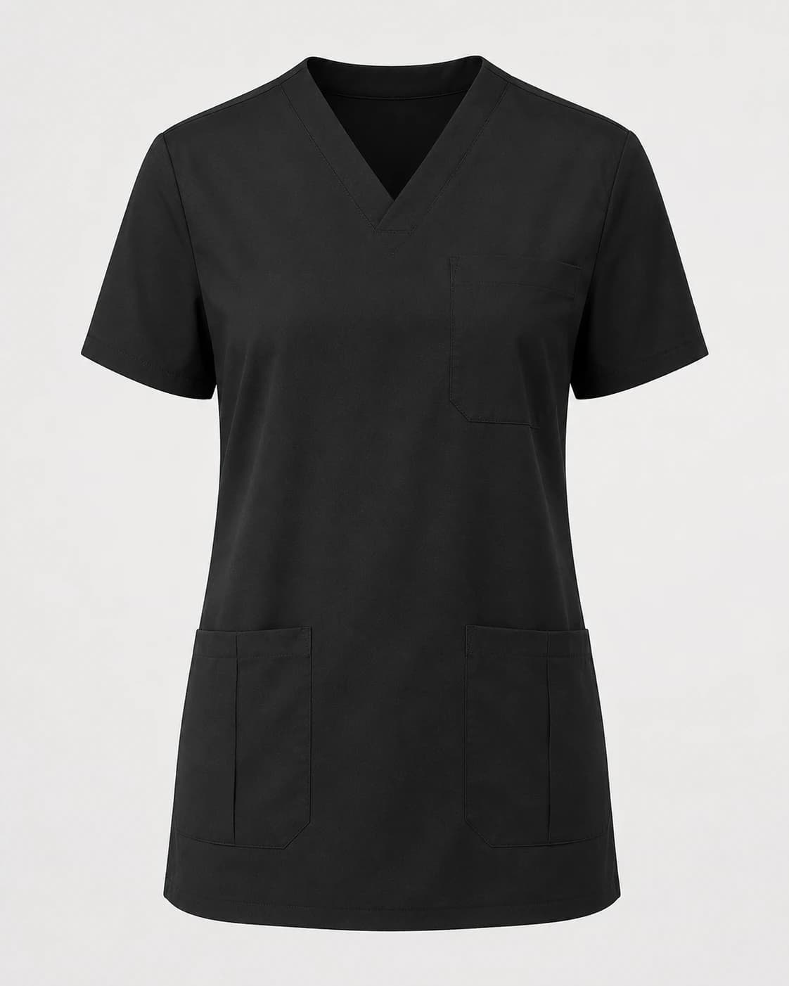 KBwear women's black V-neck scrub top with panelled yoke, chest pocket and two lower pockets with pen slots