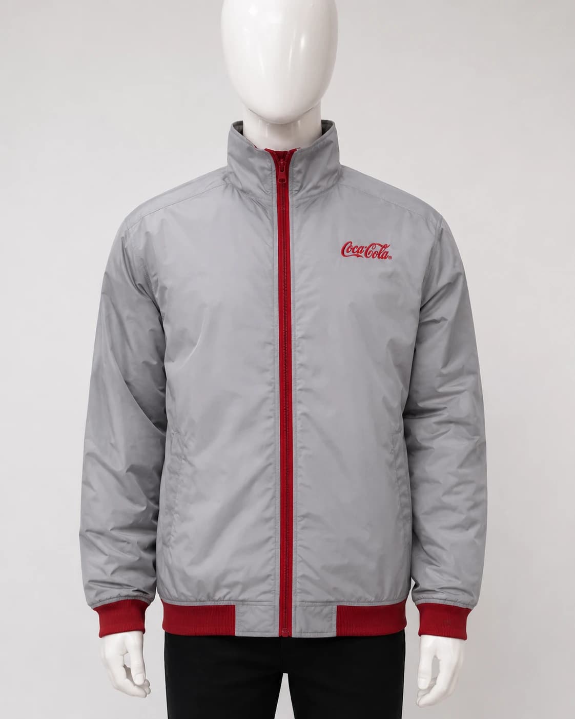 Coca-Cola grey bomber jacket with red zip and ribbed trims, embroidered logo, by KBwear