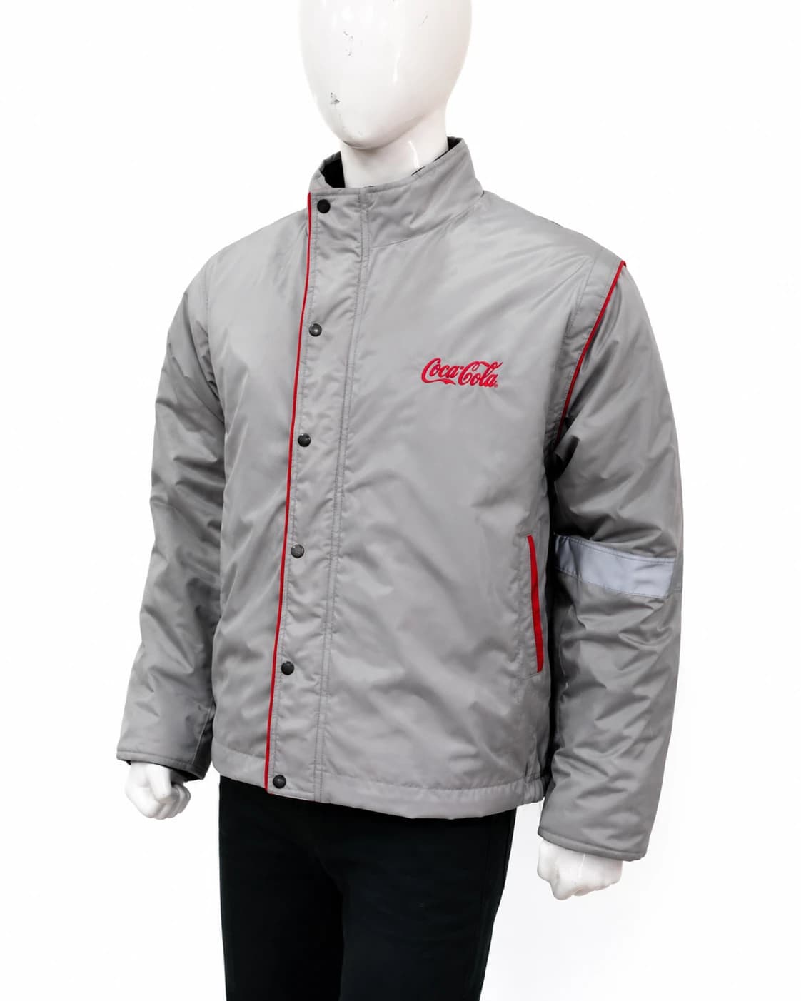 Coca-Cola grey crew jacket with red embroidered logo, piping and reflective sleeve band, manufactured by KBwear
