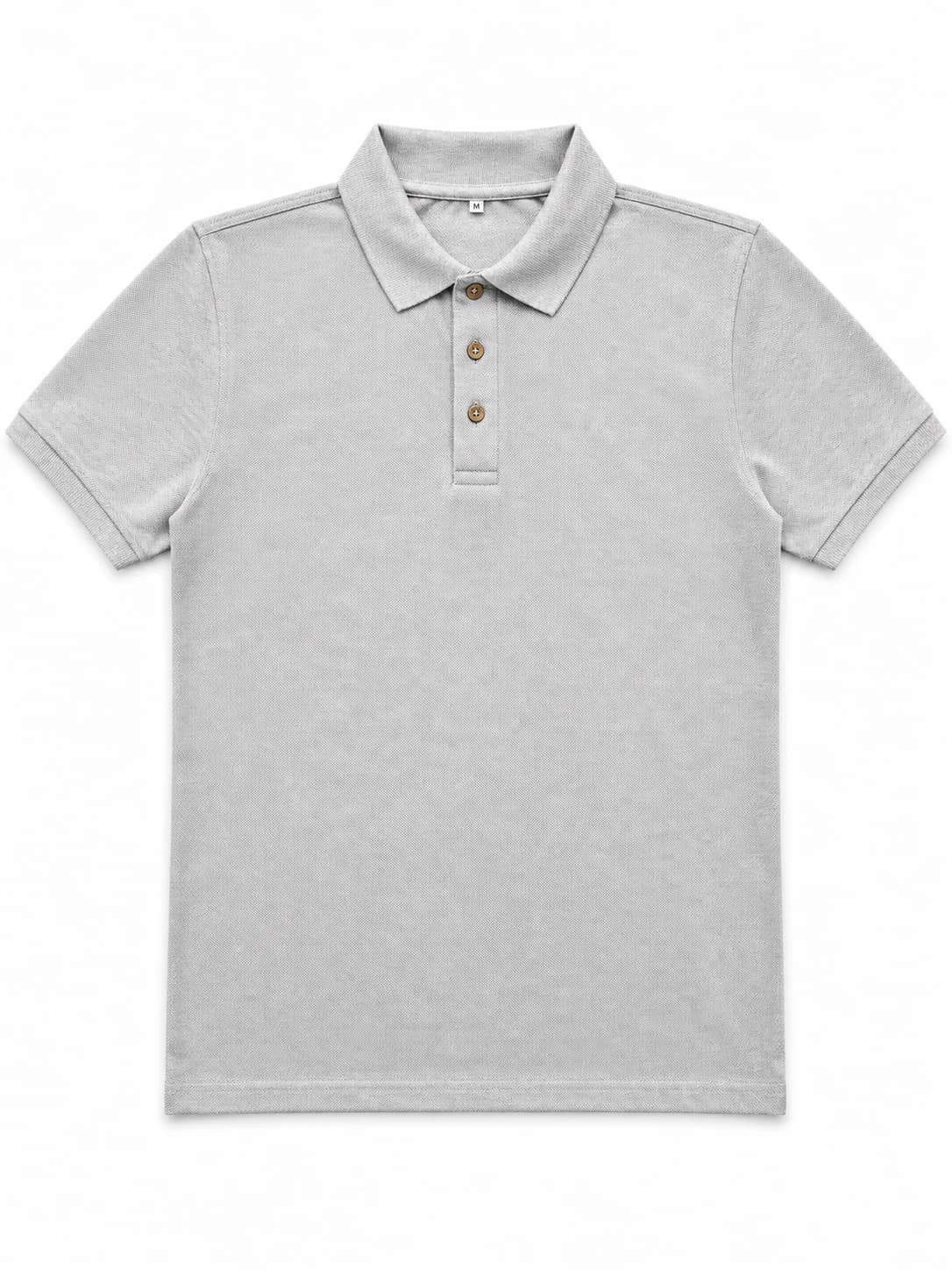 Grey short-sleeve piqué polo shirt with a three-button placket and coconut buttons, front, manufactured by KBwear