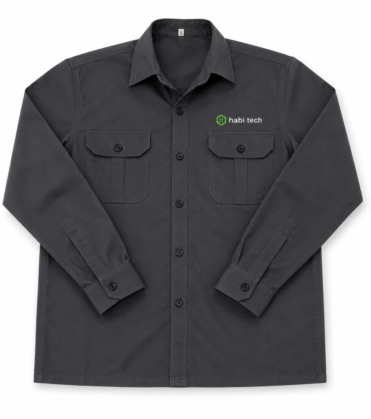 habi tech charcoal long-sleeve work shirt with twin flap chest pockets and the habi tech logo at the chest, manufactured by KBwear