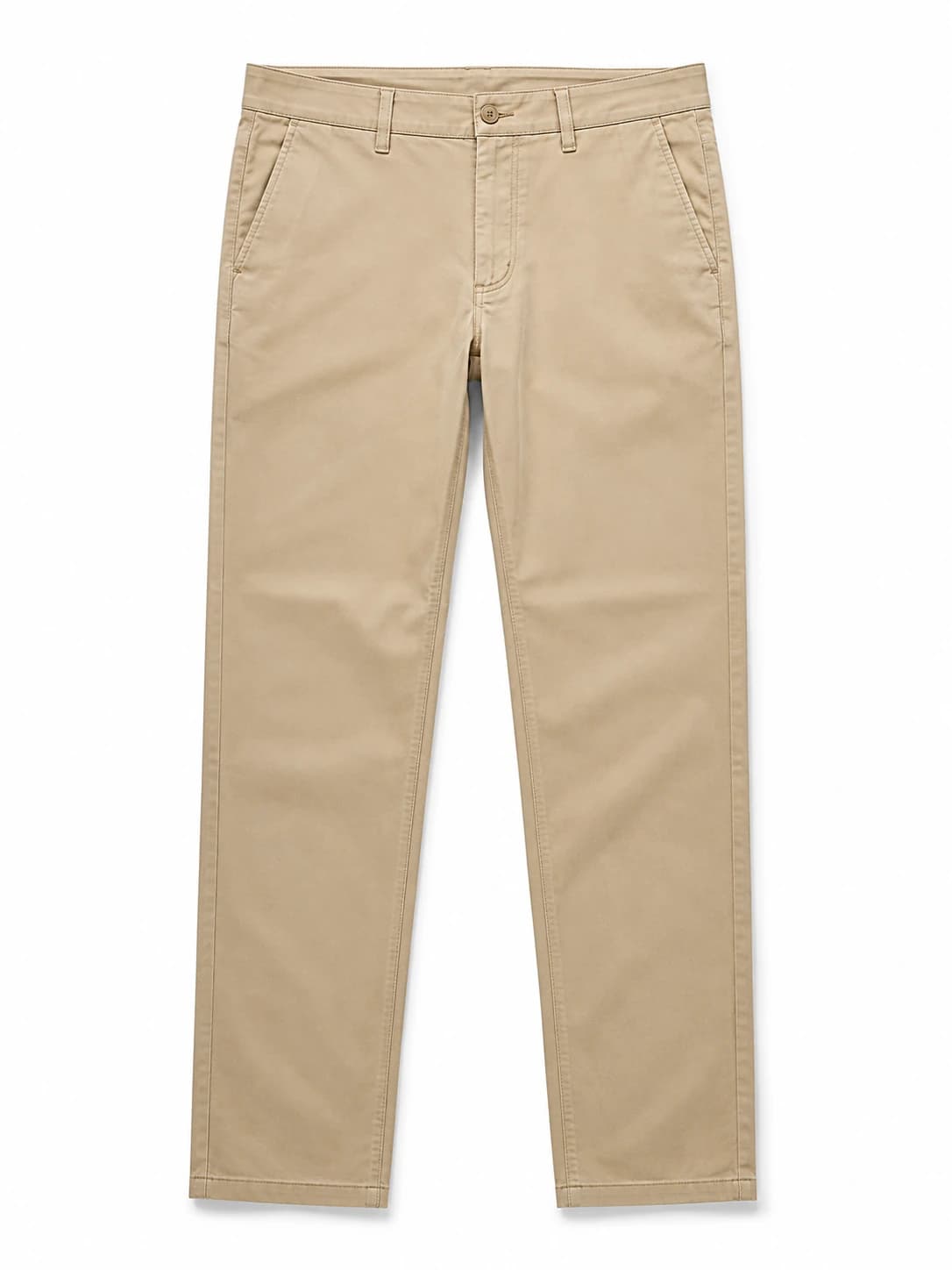 Khaki cotton twill chino trousers with slant side pockets, front, manufactured by KBwear