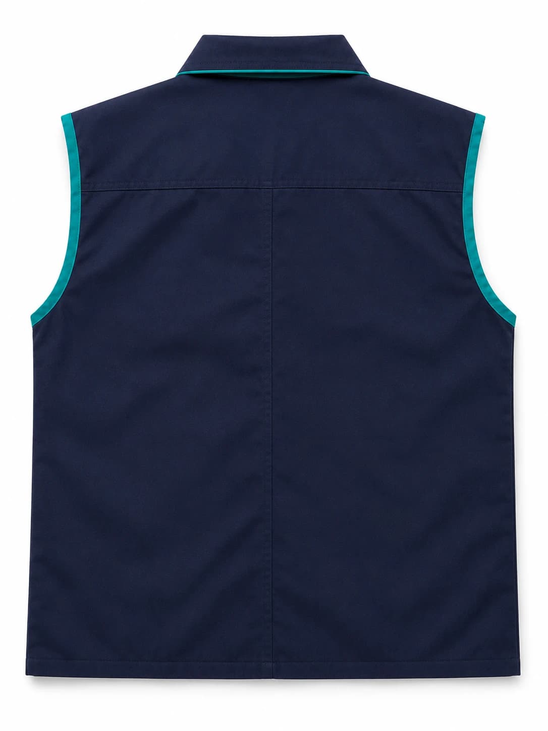 Navy sleeveless zip work vest showing the yoke seam and teal contrast binding, back, manufactured by KBwear