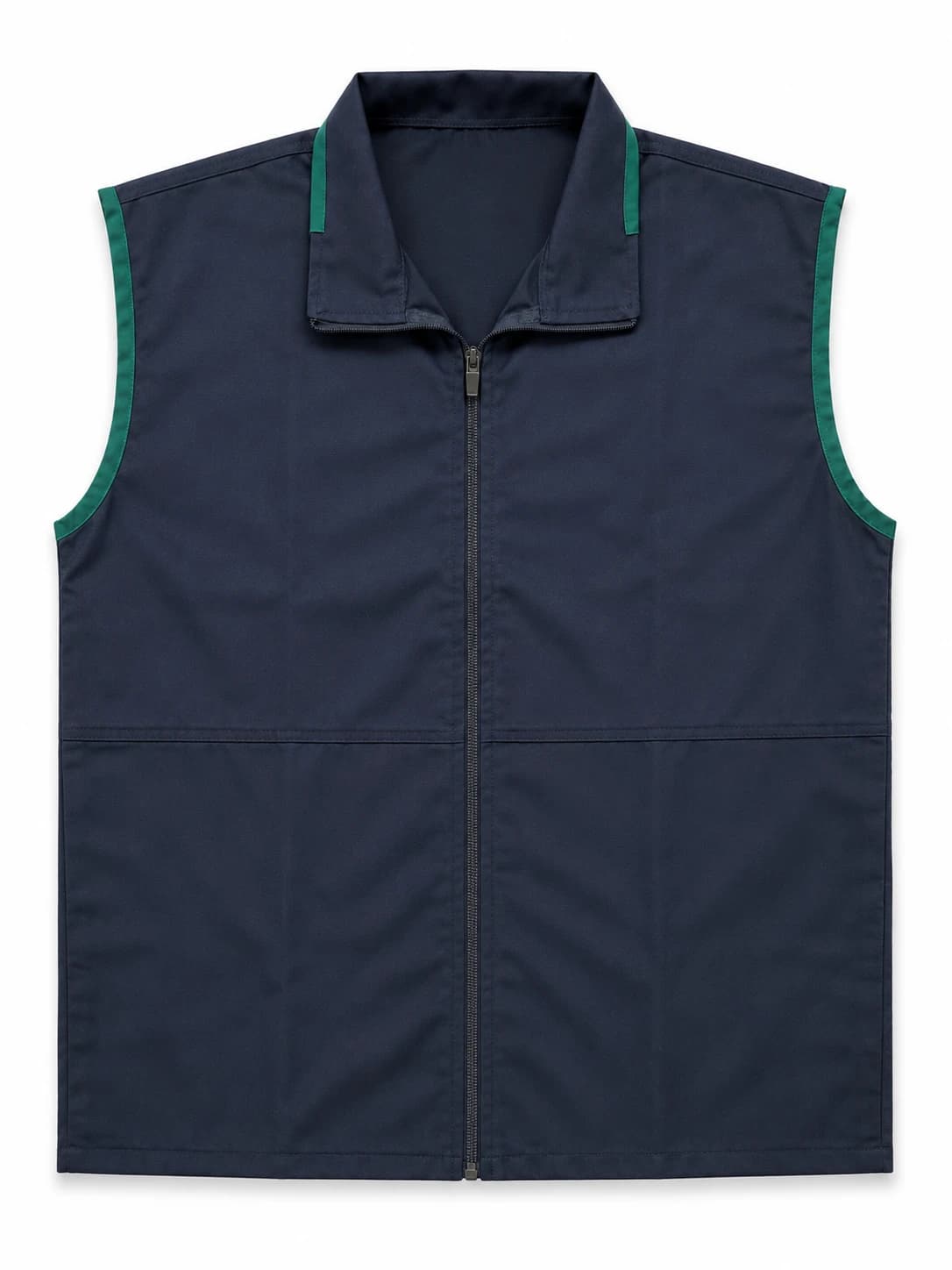Navy sleeveless zip work vest with teal contrast binding at the armholes and collar, front, manufactured by KBwear
