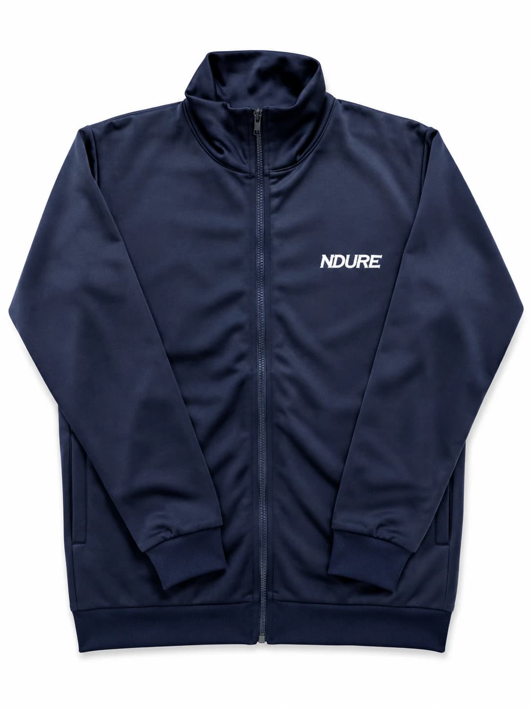 NDURE navy zip-through track jacket with white embroidered chest logo, stand collar and ribbed cuffs, manufactured by KBwear