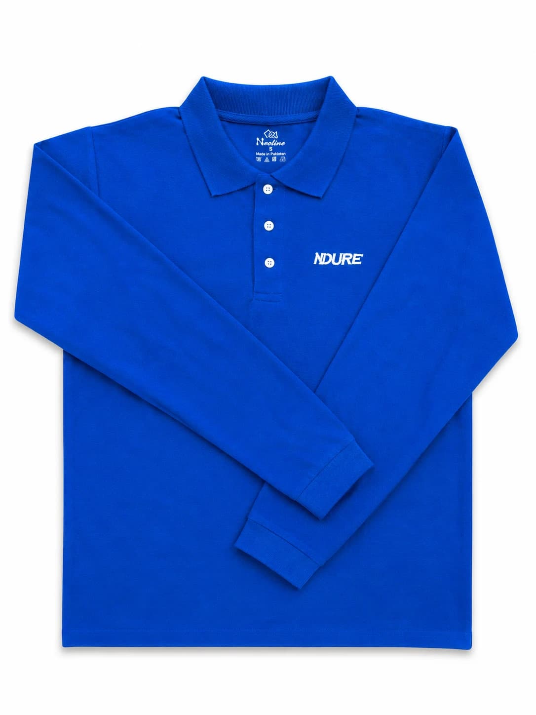 NDURE royal blue long-sleeve piqué polo shirt with white embroidered chest logo, manufactured by KBwear