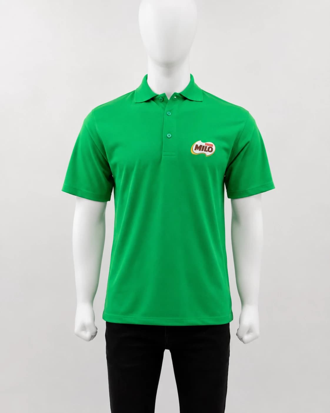 Nestlé Milo green polo shirt with embroidered Milo badge, front, by KBwear