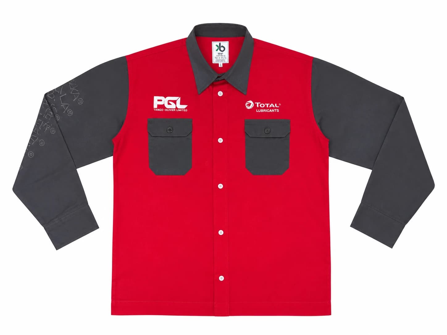 TOTAL Lubricants red and charcoal two-tone technician work shirt with dual chest pockets, front, by KBwear