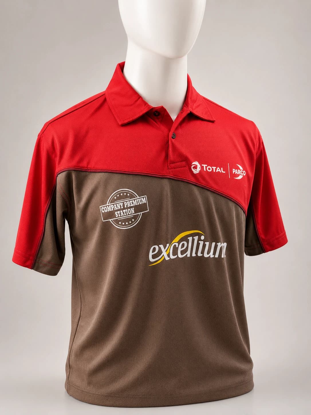 TOTAL PARCO Premium Station attendant polo shirt shown on mannequin, by KBwear